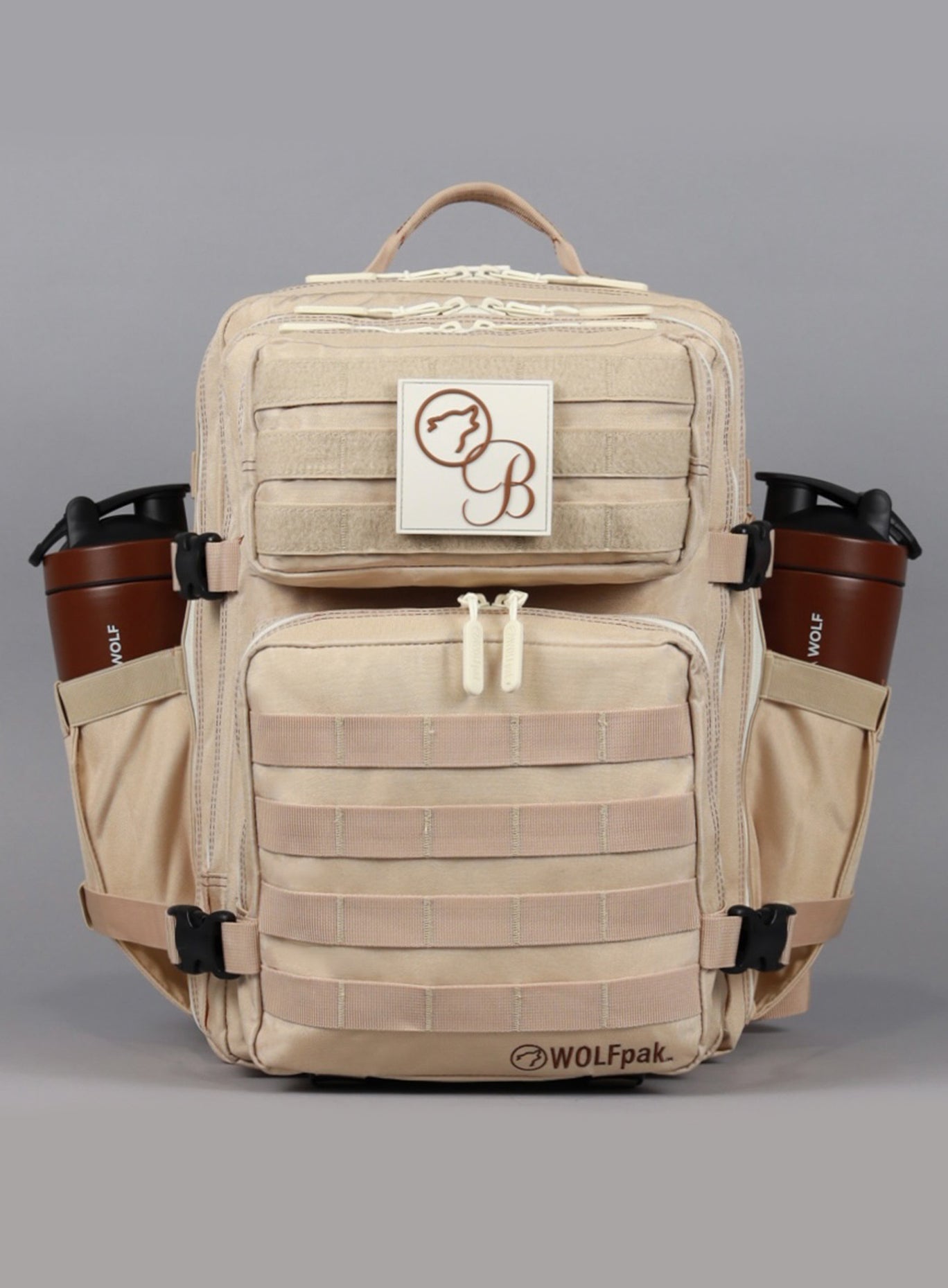 A front perspective of the 35L Bombshell Sportswear backpack in Latte color