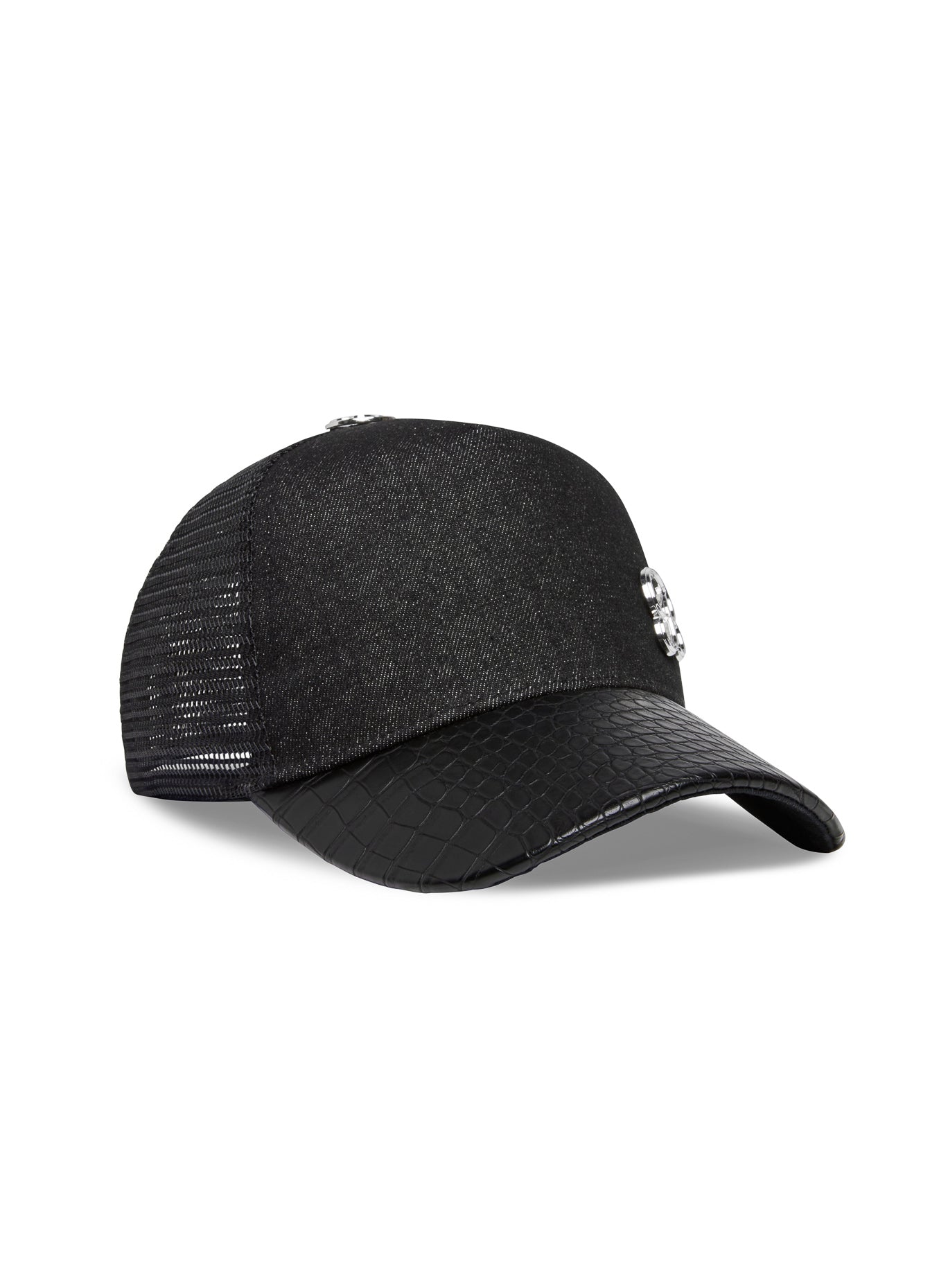 right side view of our black denim crocodile hat