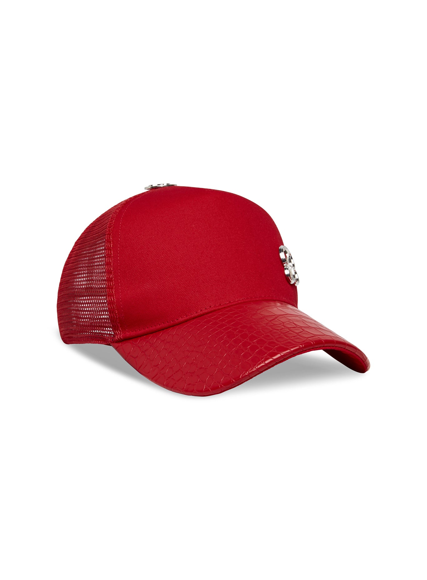 right side view of our red denim crocodile hat