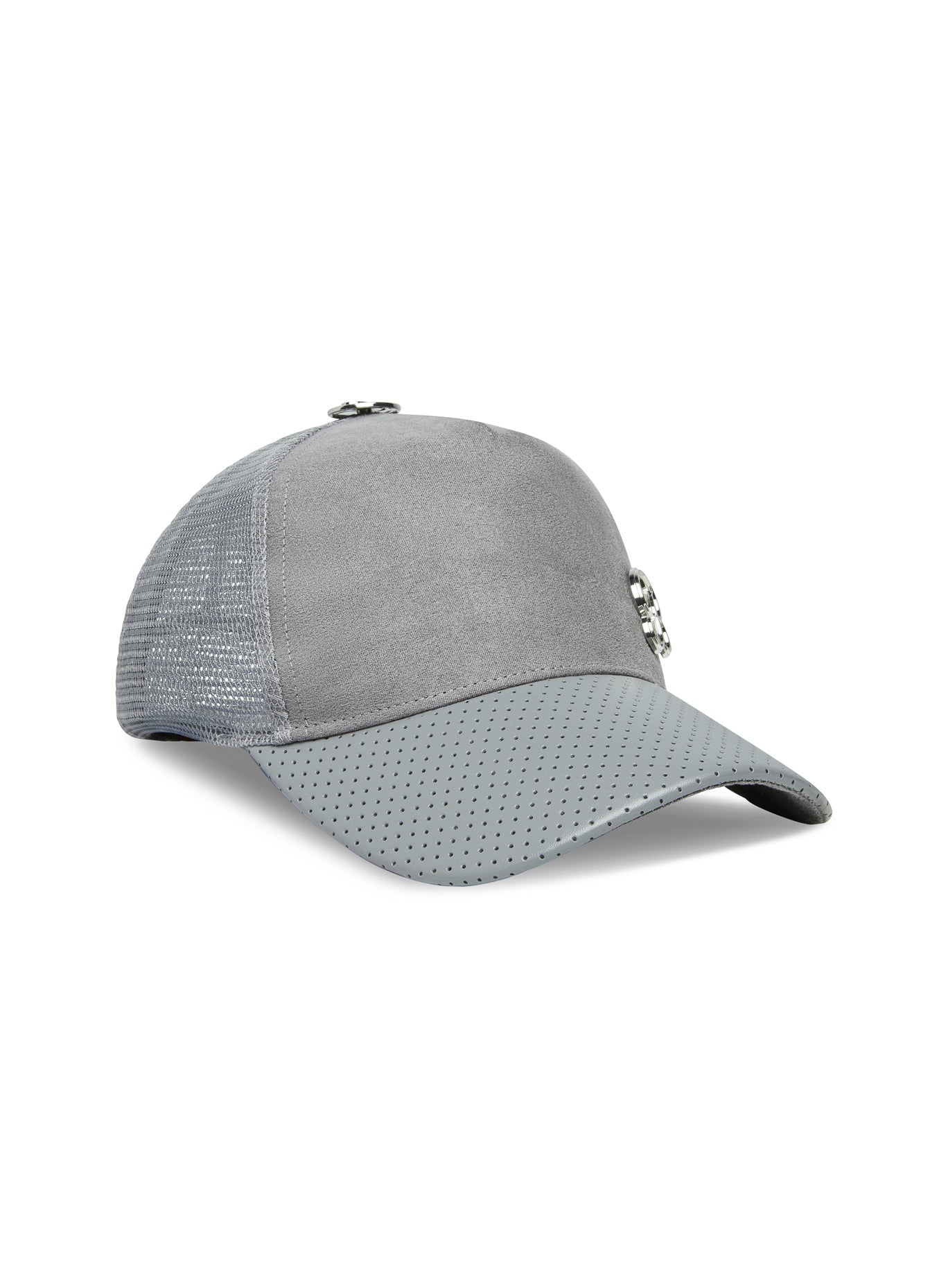 front view of the Perforated Suede Hat in gray 