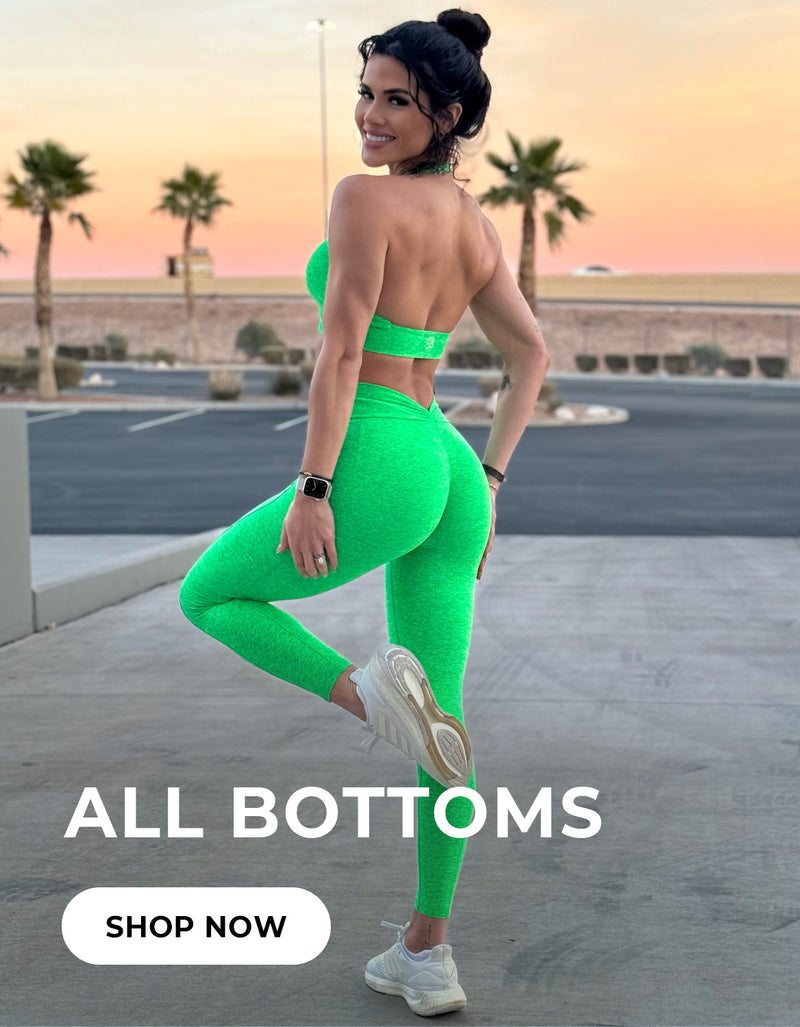 Back view model in bright neon green activewear set in front of a desert scene. Text in bottom left reads ALL BOTTOMS with a button that reads SHOP NOW