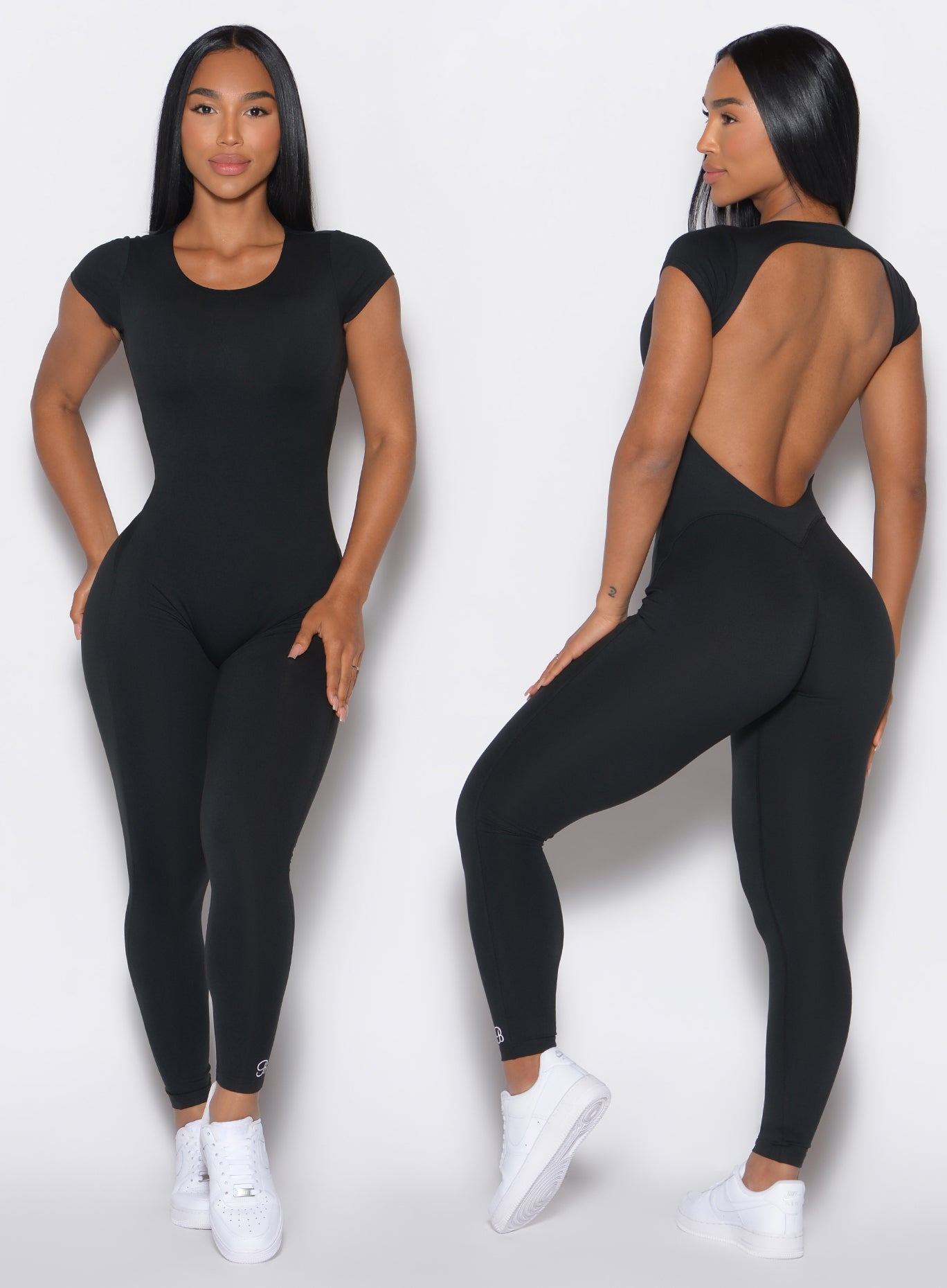 model wearing black bodysuit showing front and back