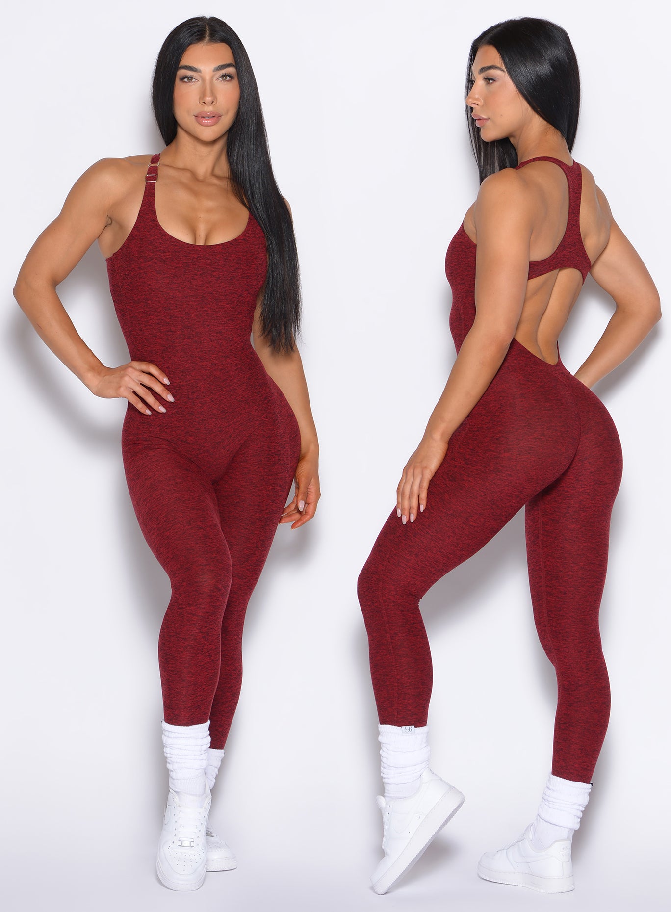 model wearing red bodysuit showing front and back