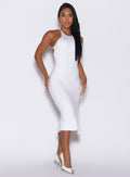 front  profile picture of a model facing forward wearing our white bombshell bunny dress