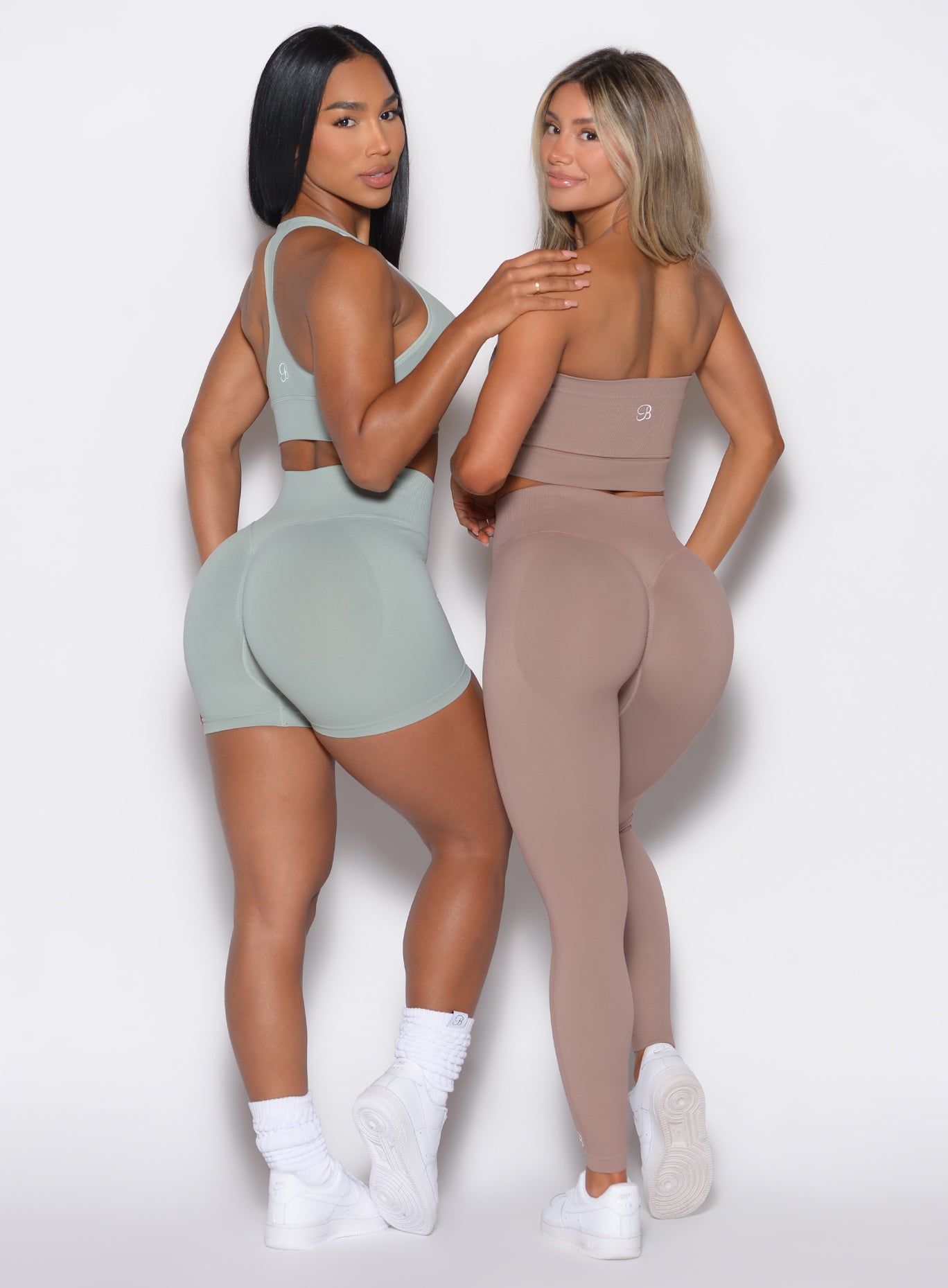 back profile view of a two models wearing our cheeky seamless sets 