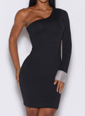 zoomed in front profile view of our black diamond dress