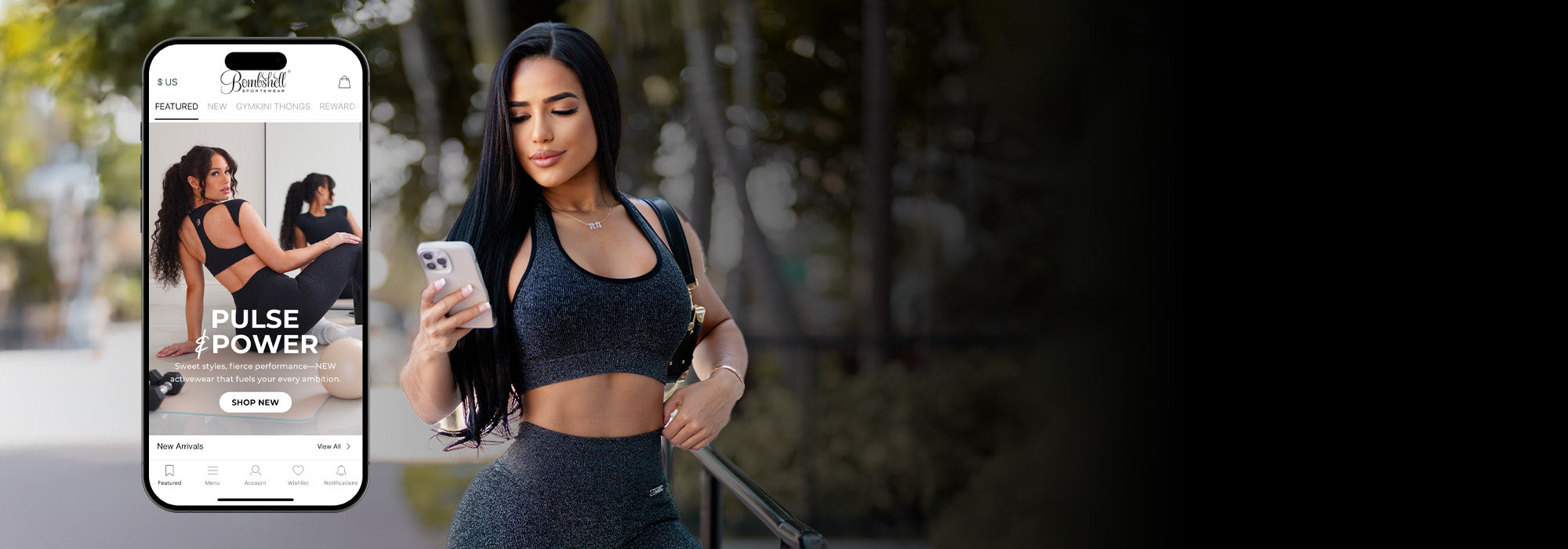 zoomed in image of model wearing the glitter black two piece activewear set looking at her phone. On the left is an image of the Bombshell Sportswear mobile app homescreen