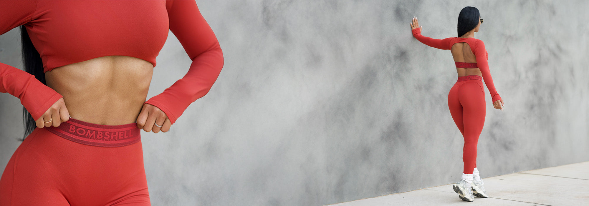 Model leaning against grey wall wearing red ochre long sleeve and leggings and second image in front image of model pulling on leggings while wearing long sleeve 