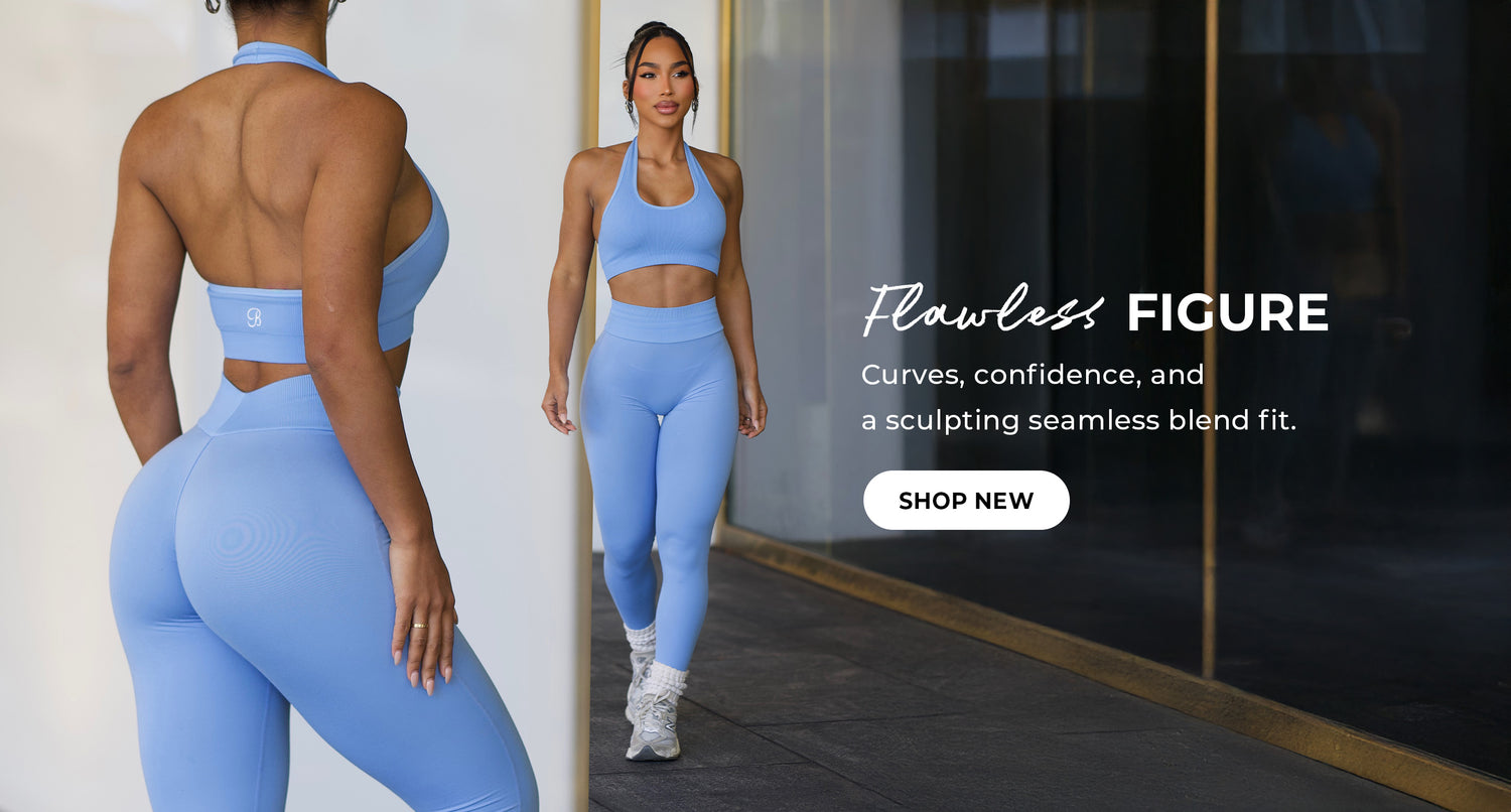 Front and back view of model wearing the light blue (blue vista) Rib Backless Bra and Figure Butt Lift Leggings. Text reads FLAWLESS FIGURE, CURVES, CONFIDENCE, AND A SCULPTING SEAMLESS BLEND FIT. CALL TO ACTION BUTTON SAYS, "SHOP NEW"