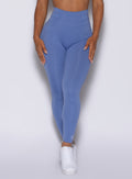 Front view of our peach bottoms leggings in denim blue color 