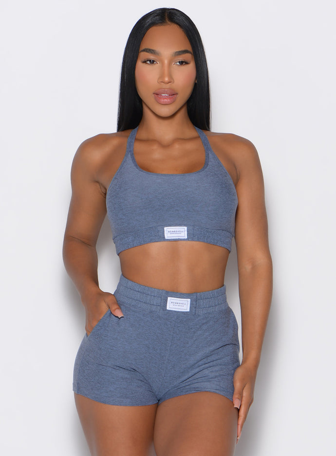 Front view of cloud lounge sports bra and matching shorts in twilight