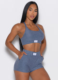 Side profile view of cloud lounge sports bra and matching shorts in the color twilight