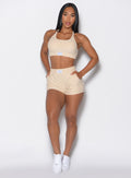 front profile view of our model wearing the Cloud Comfort Shorts in vanilla color