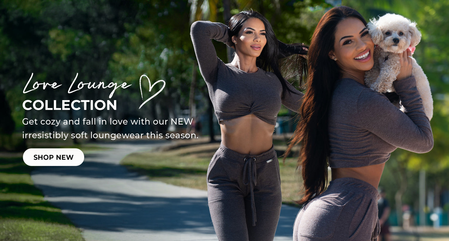 Image of two models. One is a front view of model in the chocolate brown cropped sweater set and the second is a right side profile image of a model holding a dog while also wearing the chocoloate brown set. Text on the image reads "Love Lounge Collection et cozy and fall in love with out NEW irresistibility soft loungewear this season." SHOP NEW