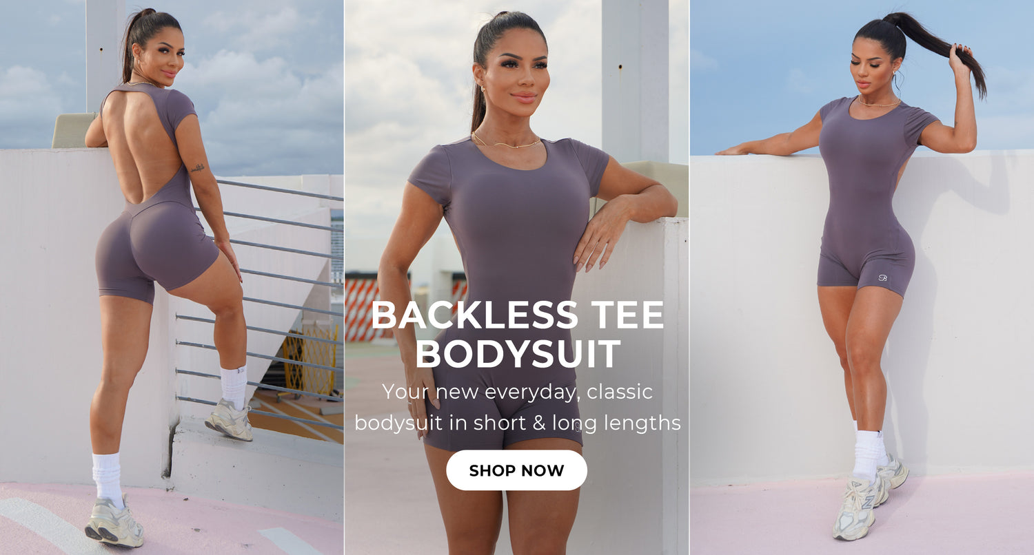 3 images - left is back profile image of model stretching in the gray smoke open back bodysuit shorts, center is a close up image of model in the same outfit with text overlay that reads "BACKLESS TEE BODYSUIT Your new everyday, classic bodysuit in short and long lengths" call to action button says SHOP NOW, image on right is front profile of model wearing the same style in the first image.