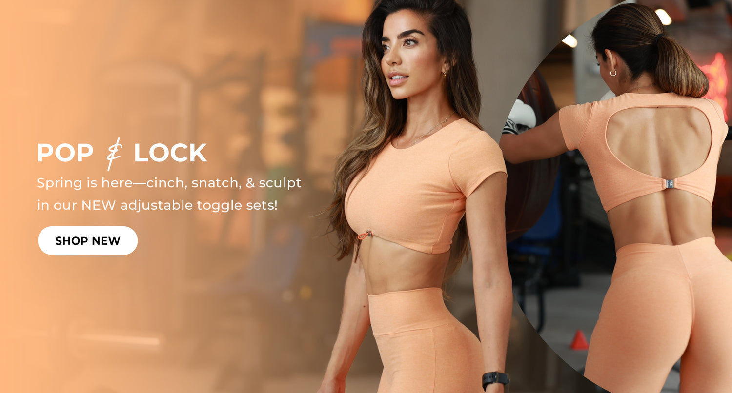 Model wearing a peach-colored adjustable toggle workout set in a gym. Front view shows a cinched crop top, while the back view highlights an open-back design. Text on the left reads Pop & Lock Spring is here–cinch, snatch, and sculpt in our NEW adjustable toggle sets! Call to action button says SHOP NEW