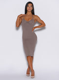 front profile view of a model in our unforgettable dress in espresso color