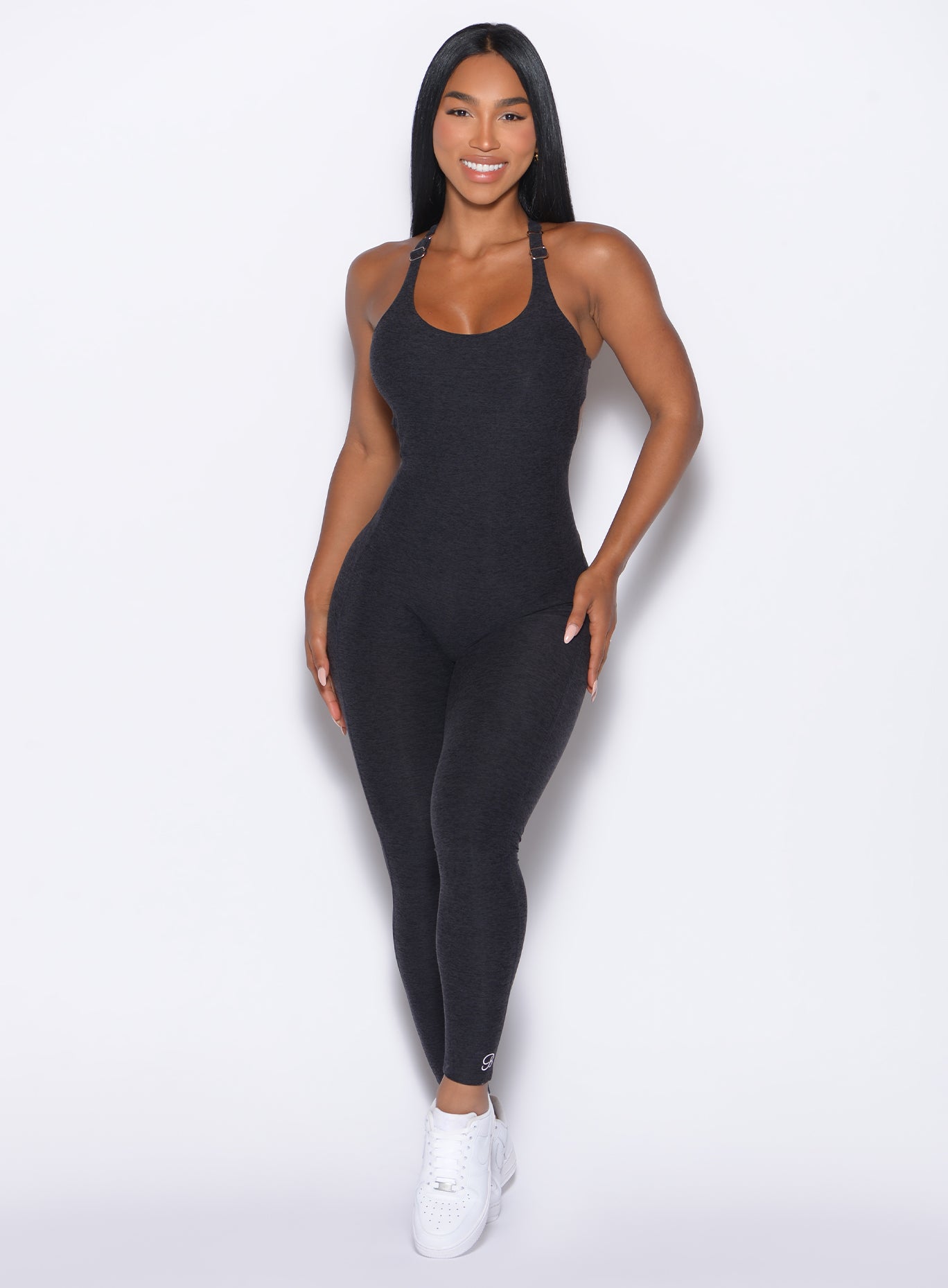 front profile shot of our model wearing the Athletic Bodysuit in Onyx color