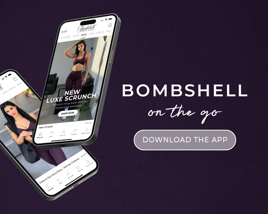 Image of cell phones featuring the bombshell sportswear app and on the right reads text 